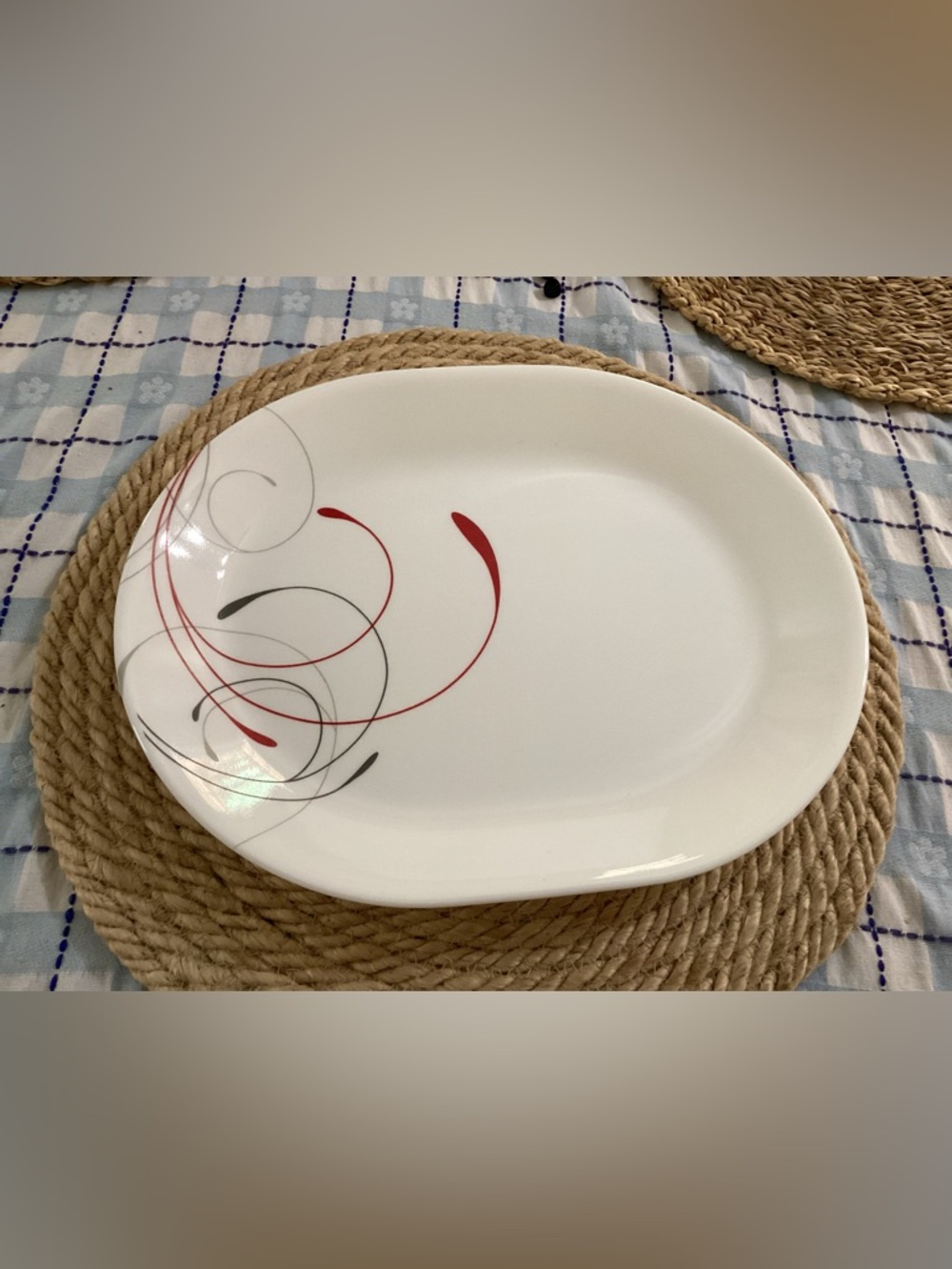 Corelle White Oval Platter with Red and Gray Swirl Accents
